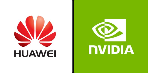 The logos of Huawei (red flower) and NVIDIA (green eye) displayed side by side on white and green backgrounds.