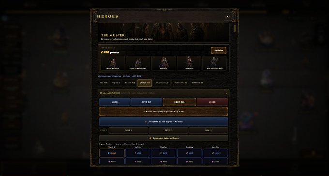 A video game menu screen titled 'HEROES' displaying character options including 'THE MUNSTER' with various stats, equipped gear, and action buttons like 'AUTO', 'AUTO BST', 'BISSP ALL', and 'CLEAR'.