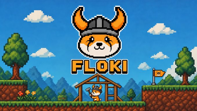 The image features a cartoon character with an orange hat and a brown beard wearing a helmet that has a picture of a Viking head on it. The character appears to be standing next to a wooden structure, possibly a castle or a hut, which is surrounded by trees and mountains in the background. The caption below the image reads "8-bit Floki, full-send builder mode". This suggests that the character might be part of an online game or platform where players can build and customize their own characters using various tools and resources available within the game.