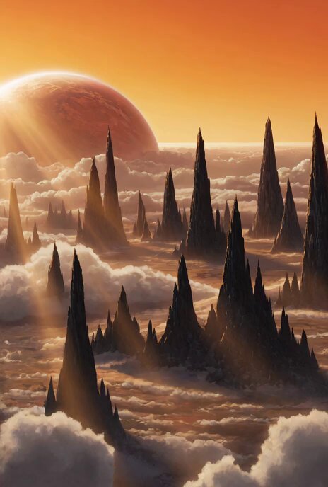 The image features an artistic rendering of a planet with mountains and clouds surrounding it. The sky above the planet has a warm orange hue, creating a visually striking scene. In the foreground, there are several large rocks that resemble mountains, adding depth and texture to the composition. The caption provided in the image is related to a meme culture project called "MAME," which focuses on community engagement and fun campaigns.