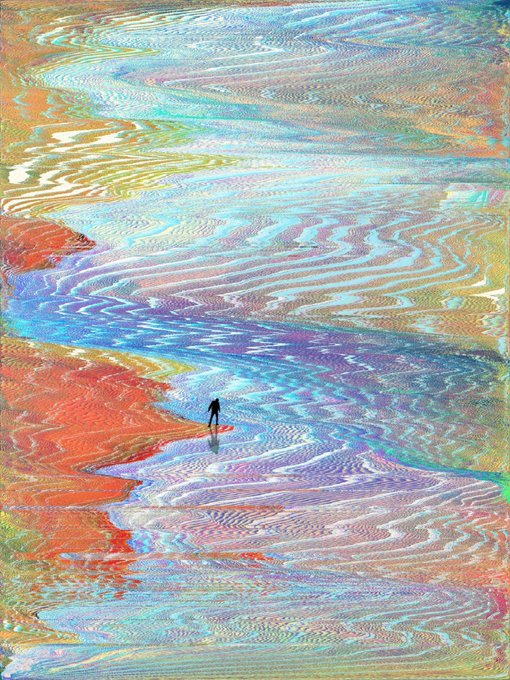 An abstract, colorful artwork features wavy, iridescent textures in blues, purples, oranges, and yellows, with a small dark silhouette of a person standing in the center.