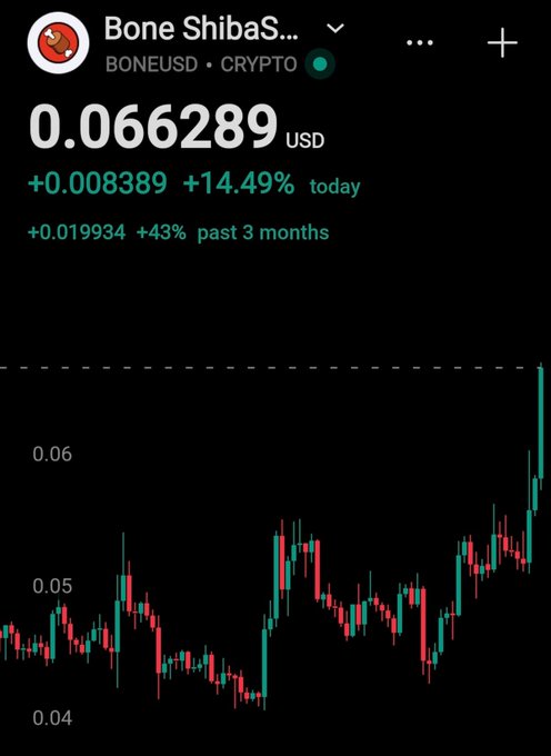 A cryptocurrency price tracker displays 'Bone ShibaS...' (BONEUSD) at 0.066289 USD, showing a +14.49% gain today and a +43% increase over the past 3 months, alongside a candlestick chart.