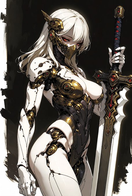 An anime-style illustration of a cyborg/robot woman with white hair, gold accents, and a face mask, holding a large sword.