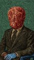 A surreal painting of a figure in a dark suit with blue gloves whose head is replaced by a textured red brain-like mass, set against a dark green background.
