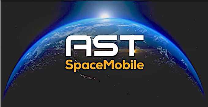 The image features the AST SpaceMobile logo overlaid on a view of Earth from space, showing the curvature of the planet with city illumination visible. The text "AST SpaceMobile" is prominently displayed in white and orange lettering, relating to the post about $ASTS stock with a $92 price target.