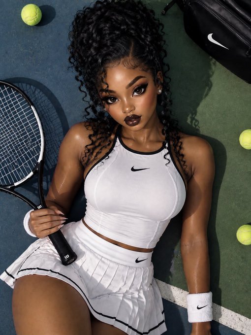 A photograph of a woman with curly black hair styled up, wearing a white Nike crop top and white tennis skirt, posing with a Wilson tennis racket on a blue tennis court with tennis balls scattered around.