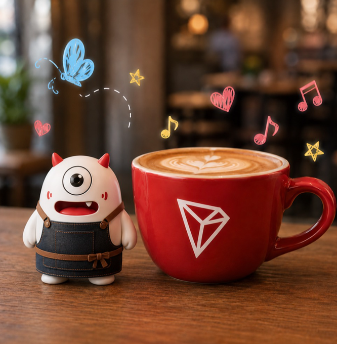 A small, cute one-eyed monster figurine in denim overalls sits next to a red mug filled with a latte, with colorful illustrations of butterflies, hearts, and musical notes floating above them.