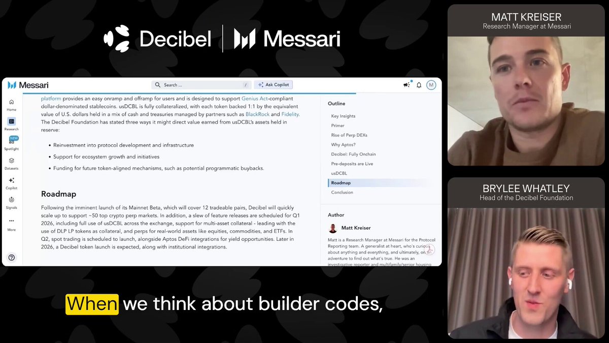 The image shows a computer screen with two men talking about a website called "Decibel" that has a section titled "When we think about builder codes". The first man is wearing a brown shirt, while the second man is dressed in black. They are discussing the importance of understanding and using builder codes for building applications or websites.