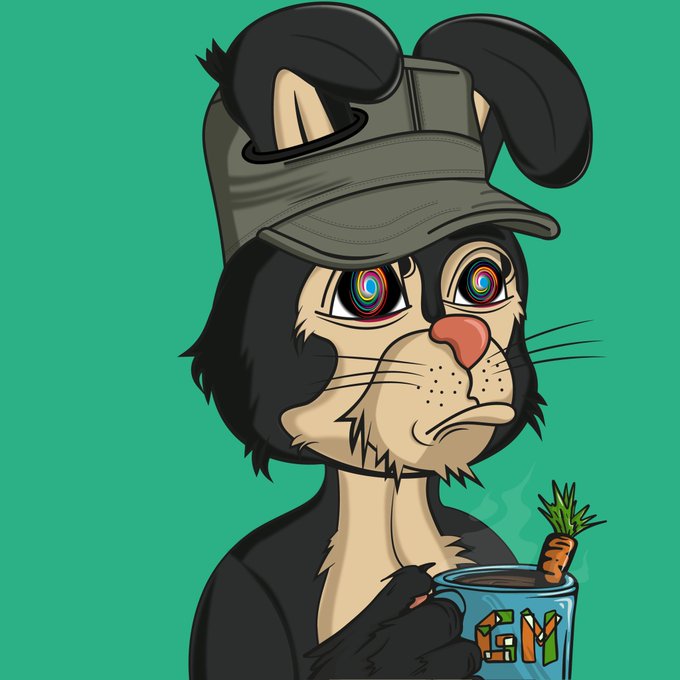 A digital illustration of an anthropomorphic black rabbit character wearing a green military-style cap, with rainbow-colored eyes and a sad expression, holding a blue mug labeled 'cris' with a carrot sticking out of it.