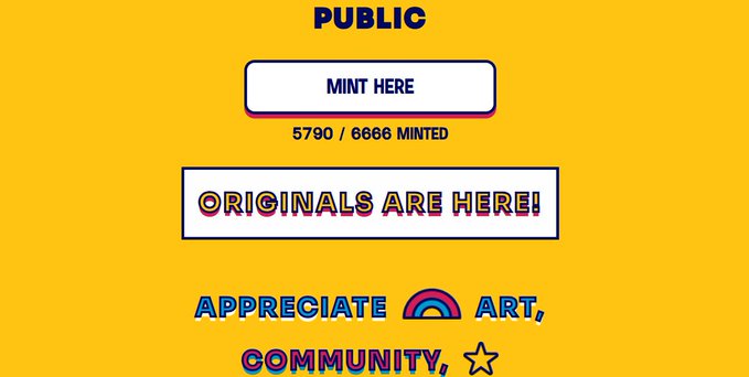 The image features a yellow background with white text that reads "Public Mint Here! Originals Are Here!". Below this message, there are three lines of text that read "Appreciate Art, Community" and "@3look_io & @AppreciatorsIO". The text also mentions the NFT pool and how to access it.