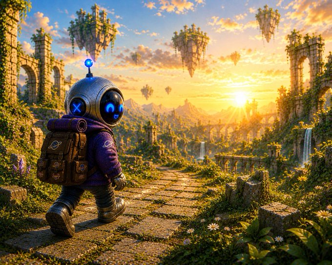 The image features an astronaut walking down a path, surrounded by a beautiful landscape of trees and mountains under a sunrise or sunset sky. The caption above the image reads "GM Explorers Every sunrise is another chance to move closer to your destination. One step at a time." This suggests that the artist has created this scene as part of a series related to space exploration or an adventure in outer space, with the astronaut symbolizing the human spirit and determination to explore new frontiers. The post also mentions "solana" and "motivation," which could be related to the idea of exploring new planets or discovering new worlds, or simply the inspiration behind the artwork itself.