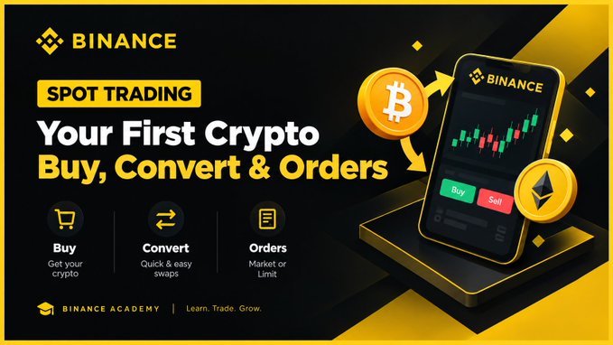 Binance Academy advertisement titled 'Spot Trading: Your First Crypto Buy, Convert & Orders,' featuring icons for Buy, Convert, and Orders alongside a phone displaying a BTC/ETH trading chart.