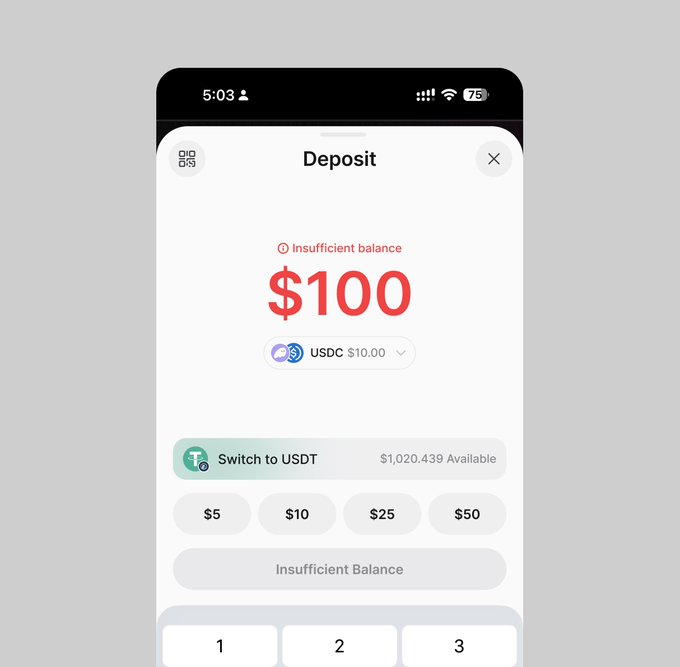 A mobile deposit screen showing $100 with an 'Insufficient balance' warning, USDC selected at $10.00, and a 'Switch to USDT' option showing $1,020.439 Available.