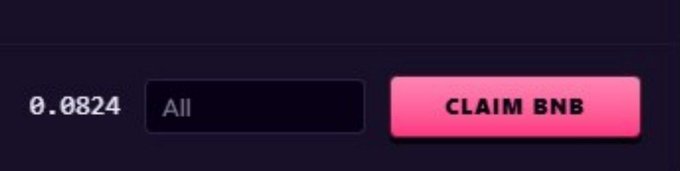 The screenshot shows a dark interface displaying a balance of "0.0824" next to an input field labeled "All" and a prominent pink "CLAIM BNB" button. The image relates to the post by illustrating the creator fee claiming process on the BNB network, where users can withdraw their accumulated earnings from minting tokens.