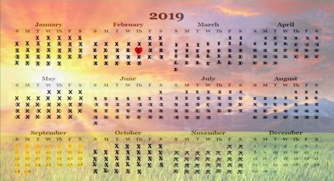 A 2019 calendar is displayed against a backdrop of a sunny field and cloudy sky, with days marked by "X" and only February 14 highlighted by a red heart. Most months are heavily crossed out except September and December, which show actual dates, symbolically echoing the hopeful message that the sun will shine bright after the storm.