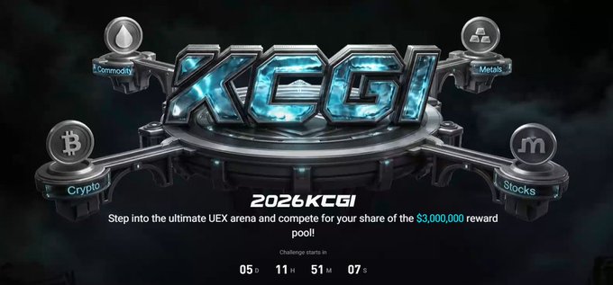 The promotional banner for KCGI 2026 displays the event's logo centered above a countdown timer (05 days, 11 hours, 51 minutes, 07 seconds), highlighting a $3,000,000 reward pool and featuring four trading categories as platform nodes: Crypto (Bitcoin), Stocks (JM), Metals (gold bars), and Commodity (oil drop). The futuristic metallic design with its gaming-style arena aesthetic directly reinforces the post's theme of positioning trading as an esport competition, with the four distinct asset class battlements visually representing the cross-market tournament format Bitget is introducing.