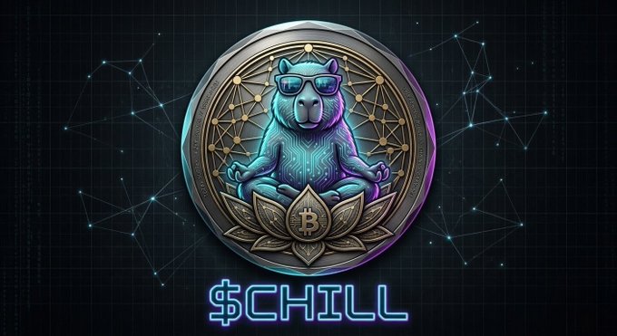 The image features a cartoon bear wearing sunglasses, sitting cross-legged with its legs crossed, surrounded by blue lines that resemble stars or constellations. The bear appears to be meditating or taking a break from something. In front of the bear is a circular logo with a gold border and a purple center, which reads "CHILL" in white letters. Below this logo, there are three lines of text: "We all have to start somewhere!", "Don't miss out on this opportunity!", and "#memeking #solana #crypto". The background consists of blue lines that resemble stars or constellations, creating a sense of depth and space around the bear and its surroundings.