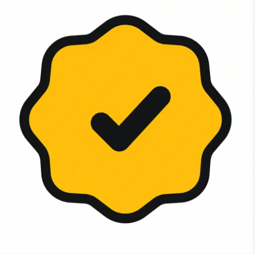 A yellow verified badge icon featuring a bold checkmark inside a scalloped, seal-like shape with a black outline, symbolizing the Pump.fun verification checkmark referenced in the post about launching a verified coin on the platform.