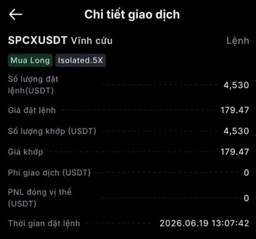 A mobile app screenshot showing transaction details for SPCXUSDT (Vinamilk Long Isolated 5X), displaying order quantity and price of 4,530 and 179.47 USDT respectively, with zero transaction fees, dated 2026.06.19.