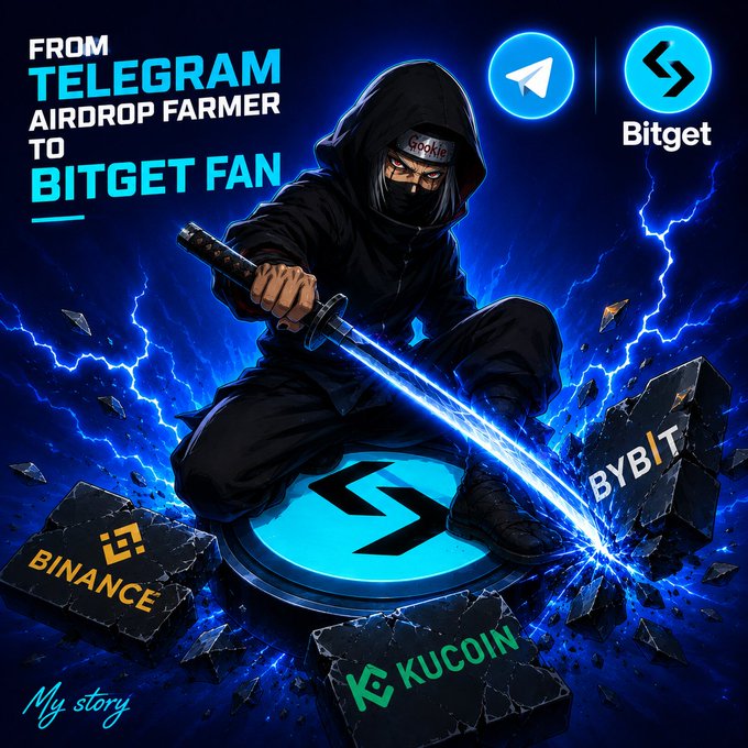 The image is a dramatic digital illustration featuring a hooded ninja warrior wielding an electric katana, standing on the Bitget logo while shattering rocks labeled "Binance," "Bybit," and "KuCoin" amid blue lightning, with text reading "From Telegram Airdrop Farmer to Bitget Fan" and "My story," alongside the Telegram and Bitget logos. The artwork visually represents the narrator's transition from casually farming Telegram airdrops to becoming a loyal Bitget enthusiast, symbolizing Bitget as the chosen platform that stands out above its competitors.