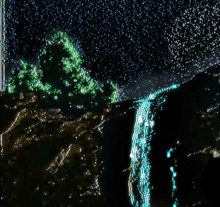 The image shows a night scene with a waterfall, surrounded by stars. The waterfall has lights shining down from above, creating a beautiful contrast against the dark sky. The photo appears to be taken at an auction or event, as indicated by the caption "LIVE AUCTIONN >> _c o d e x << > by @ex_mortal_ 4H left @ 825 xtz on @objktone".