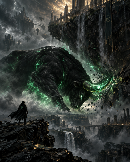 Digital fantasy artwork depicting a cloaked figure on a rocky ledge facing a massive, glowing green-horned beast among floating castles and waterfalls.