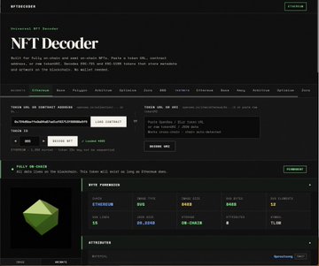 The image shows the interface of "NFT Decoder," a web-based tool for fully decoding NFTs on the Ethereum blockchain. It features input fields for token IDs and contract addresses, along with sections displaying NFT parameters (ETH/BNB 0.0, DullPunks 15) and attributes, highlighting its use as a checker tool for collections like DullPunks as mentioned in the post.