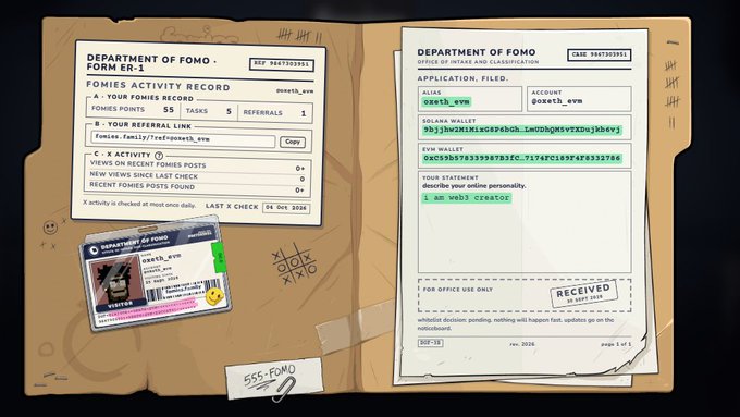 An open manila folder from the "Department of Fomo" displays a Form ER-1 "Fomies Activity Record" on the left and a "Filed" application on the right, both stamped "RECEIVED," featuring a fomo.sym NFT ticket and user aliases "noah_svm" and "goat23_svm" with their solana wallet addresses—visually representing the anxious "still pending" anticipation described in the post about waiting for a FomiesNFT application decision.