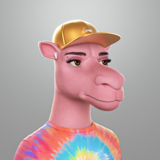 A 3D-rendered pink cartoon giraffe character wearing a gold 'Comus' baseball cap, an earring, and a tie-dye t-shirt against a gray background.