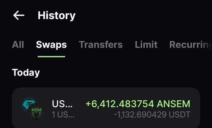 A mobile app screenshot showing the History/Swaps tab with a transaction showing a purchase of +6,412.483754 ANSEM for -1,132.690429 USDT, supporting the post's celebration of buying more $ANSEM during a price dip.