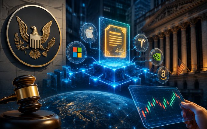 A digital composite featuring a U.S. government seal, a gavel, a courthouse, and holograms of major tech companies (Apple, Microsoft, Tesla, Amazon) above a glowing city map, symbolizing the intersection of technology and law.