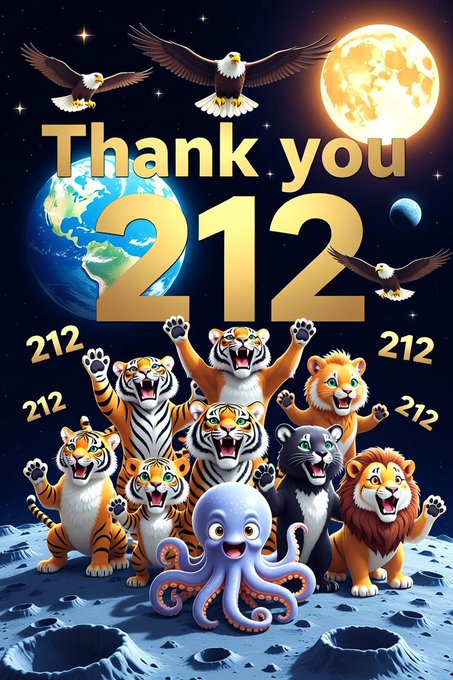 A vibrant graphic with 'Thank you 212' in large gold text, featuring Earth, the moon, eagles, tigers, a lion, and a purple octopus on a lunar surface with stars.