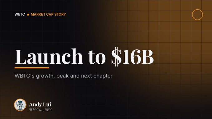 Title slide reading 'Launch to $16B' with subtitle 'WBTC's growth, peak and next chapter' by Andy Lui (@Andy_Luigino) under the heading 'WBTC • MARKET CAP STORY'.