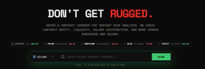 A promotional banner for Rugscan AI displays the bold red headline "DON'T GET RUGGED." alongside a description offering instant contract risk analysis across Robinhood and Solana, with ticker stats for SHIBAO (+380%), POLAR (-59.3%), BABYJEAN (-34.9%), BLUR (-79.5%), and TEXT (+131.6%) above a "SCAN" button—visually reinforcing the tweet's announcement of Solana integration.