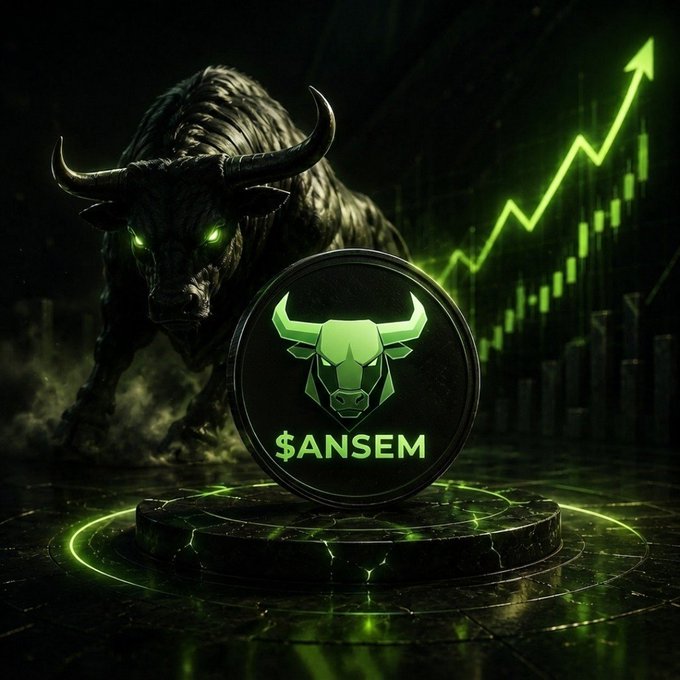A dark-themed promotional graphic featuring a shadowy bull with glowing green eyes alongside a crypto coin labeled '$ANSEM', with a rising green stock chart in the background.