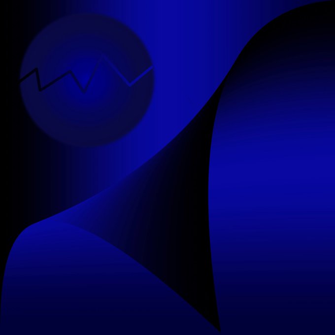 Abstract digital artwork featuring deep blue and black tones with flowing curved shapes, a circular element, and a jagged graph-like line.