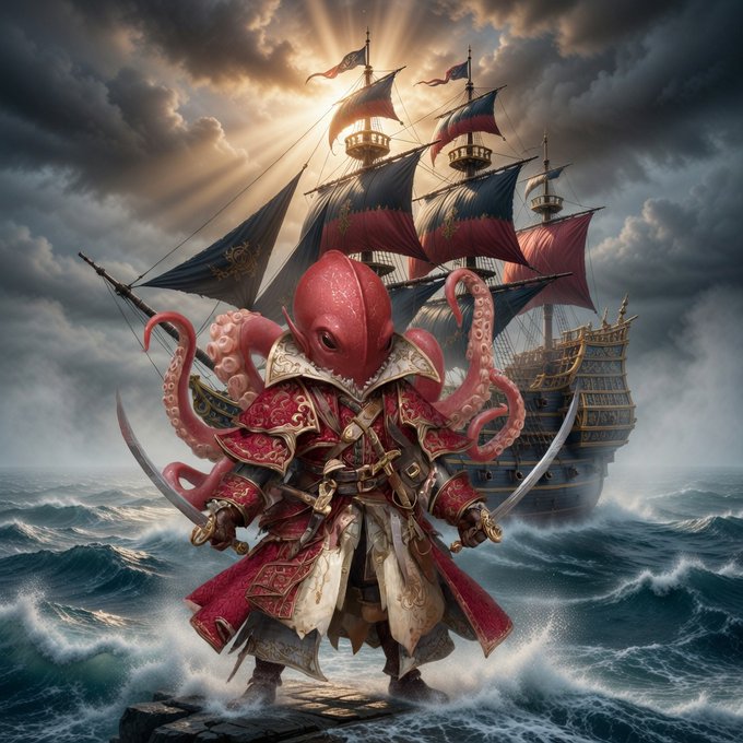 A fantasy illustration of an octopus-headed pirate captain in ornate red and gold armor wielding two cutlasses, standing on a rocky shore with a tall galleon and dramatic sunlit clouds in the background.