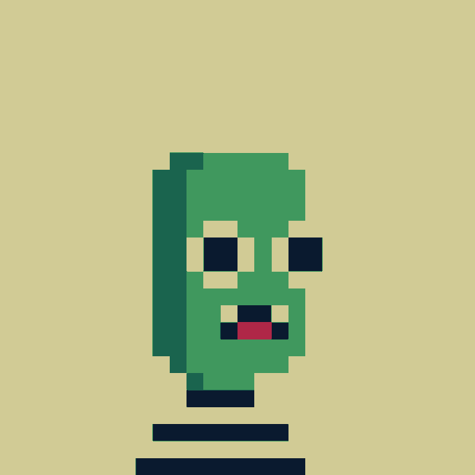 A pixel art character resembling Pickle Rick from Rick and Morty, shown in green and beige tones.