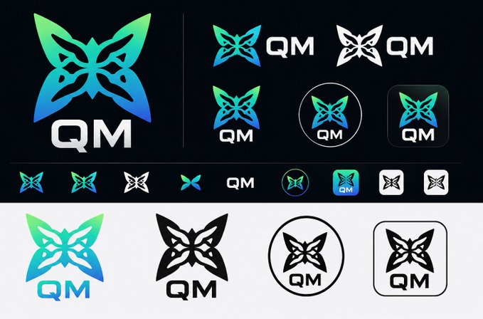 A logo design sheet displays various iterations of a butterfly emblem paired with the letters 'QM' in blue-to-green gradients, white, and black variations on both light and dark backgrounds.