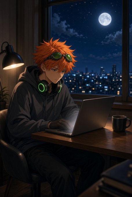 An anime-style illustration depicts a young man with orange spiky hair and green goggles on his head, wearing headphones around his neck, working on a laptop at night with a full moon and city skyline visible through the window.