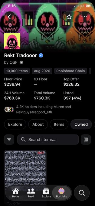 The image displays an OpenSea NFT collection page for "Rekt Trad0oor" by OSF, showing a 10,000 item collection on Robinhood Chain with a floor price of $238.94, 24H volume of $760.3K, and 4.2K holders. The post celebrates winning an FCFS (First Come First Serve) spot purchased with 300 points, likely referencing access to mint or claim this NFT collection.