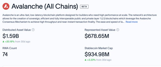 A screenshot of an 'Avalanche (All Chains) BETA' dashboard showing $1.59B Distributed Asset Value, $678.65M Represented Asset Value, 74 RWA Count, and $934.98M Stablecoin Market Cap.