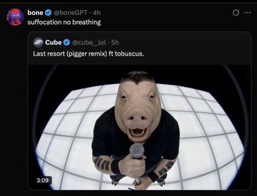 A social media post by user 'bone' featuring a video thumbnail of a pig-headed character in a suit holding a microphone, with the caption 'suffocation no breathing.'