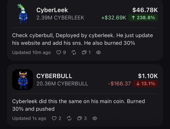A screenshot shows two crypto tracker entries: **CyberLeek** (CYBERLEEK) at $46.78K with a +238.8% surge (+$32.69K) and 2.39M supply, alongside **CYBERBULL** at $1.10K down 13.1% (-$166.37) with 20.36M supply, illustrating the contrast between the two tokens under the same developer despite CyberLeek having recently burned 30% of its supply.