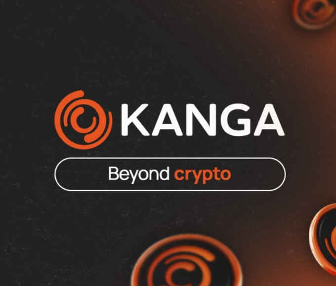 A logo graphic for 'KANGA' with the tagline 'Beyond crypto' displayed in white and orange text on a black background with glowing orange circular accents.