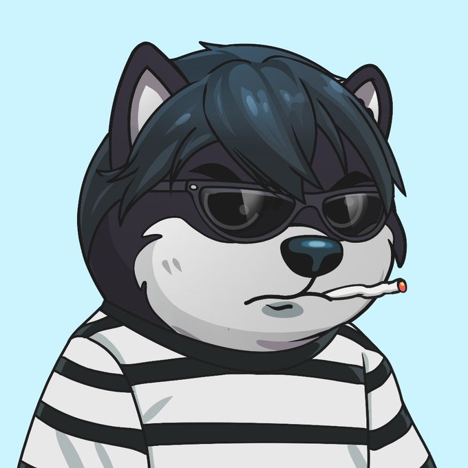The image features a cartoon character, likely a dog or a wolf-like creature, wearing sunglasses and holding a cigarette. The character appears to be dressed in a striped shirt with black and white stripes. The caption "Be good Be positive Be $MANYU" is written below the image, which seems to be related to the character's outfit or appearance.