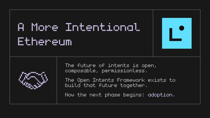 The image shows a black background with white text that reads "A more intentional Ethereum". Below this, there are two icons - one of a handshake symbolizing an agreement or collaboration between people, and another icon representing the Open Intents Framework. The text in the image suggests that the framework is being developed to support open intentions for future projects, which could be used by anyone who wants to collaborate on new ideas without needing to build their own code from scratch.