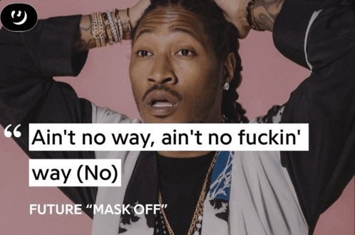 A person with braided hair and bracelets holds their head in shock against a pink background, with an overlaid lyric caption reading "Ain't no way, ain't no fuckin' way (No)" attributed to Future's "MASK OFF." The meme humorously captures a reaction of disbelief, fitting the post's playful tone about something surprisingly good happening in "osu ml" (likely a gaming context).