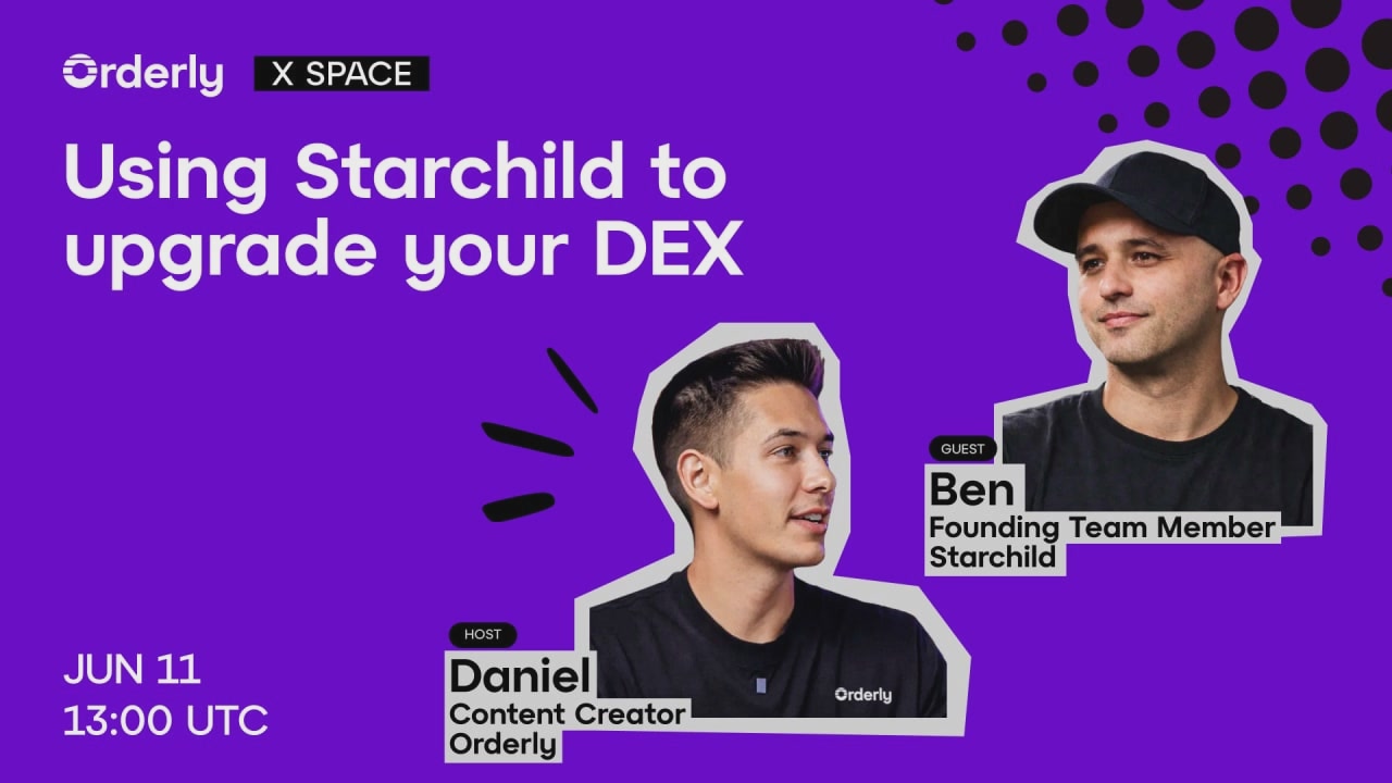 The image features two men wearing baseball caps, with one man's face being cut off from the frame. They are standing against a purple background that has white polka dots. The text "Using Starchild to upgrade your DEX" is displayed in black letters above them.