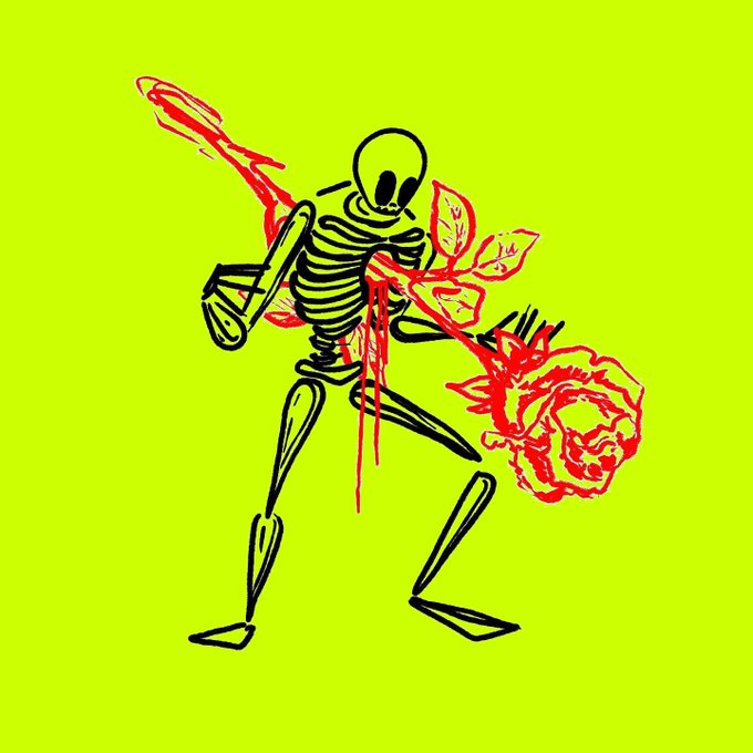 An illustration shows a black skeleton holding a red rose against a bright yellow-green background.